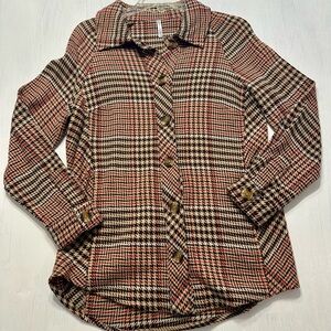 Passports Women’s Small Plaid Shacket Houndstooth Button Jacket Brown Red Tan